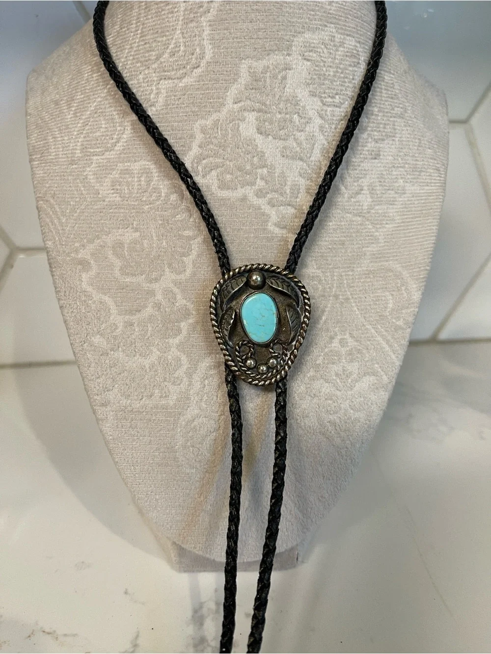 Turquoise Stone Bolo Tie with Braided Black Cord